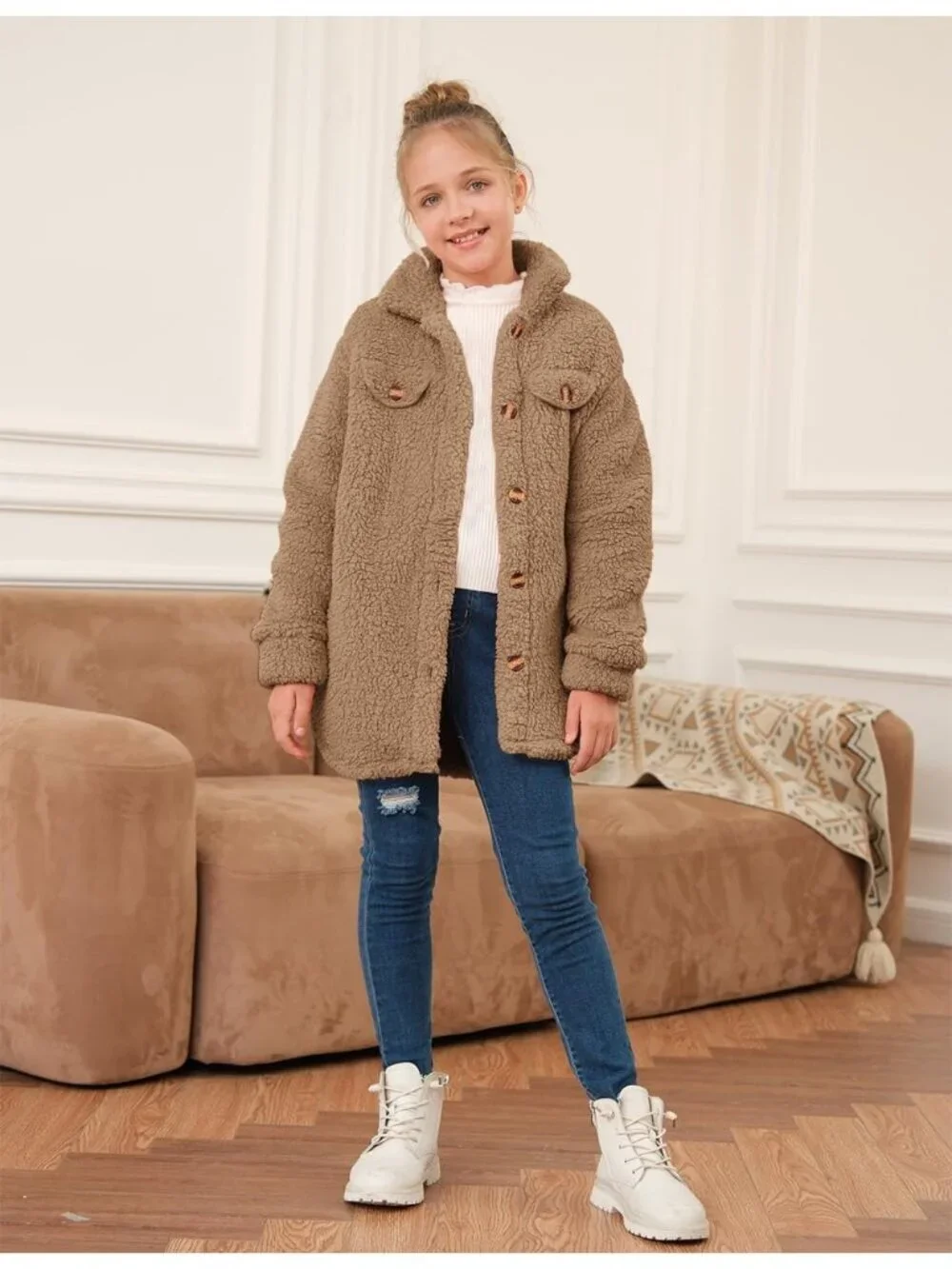 Kids Girl's Brown Polyester Casual Button Down Sherpa Faux Fur Fleece Jacket